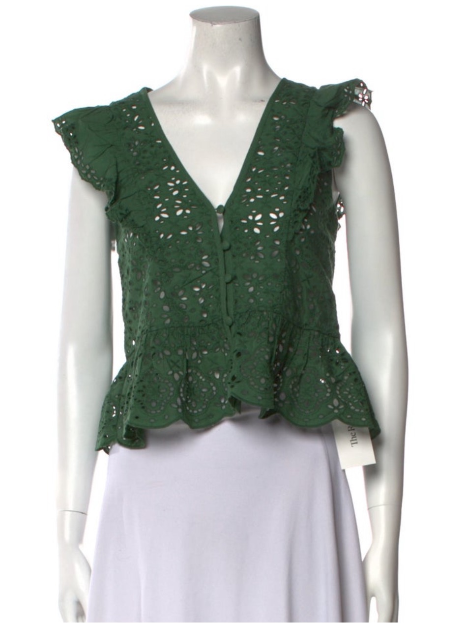 Veronica Beard Green Eyelet Ruffle V-Neck Women's Top Sz Xxs